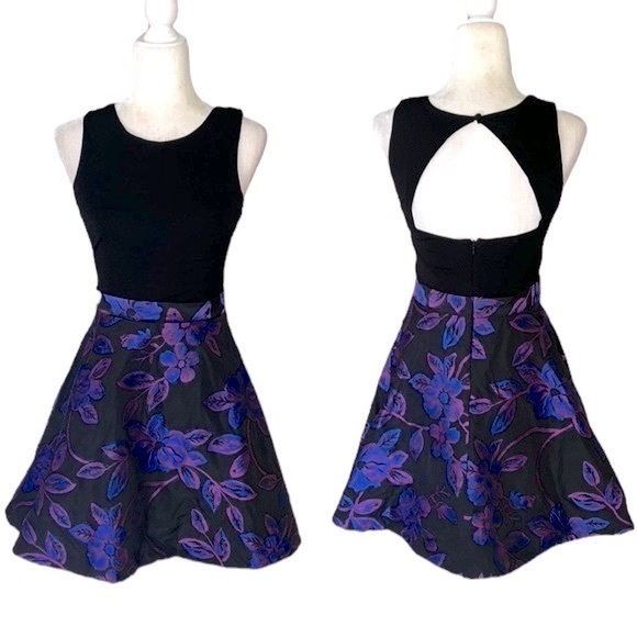 Aidan Mattox Black & Purple Woven Jacquard Floral Cutout Fit & Flare Dress - 4 - Picture 1 of 14